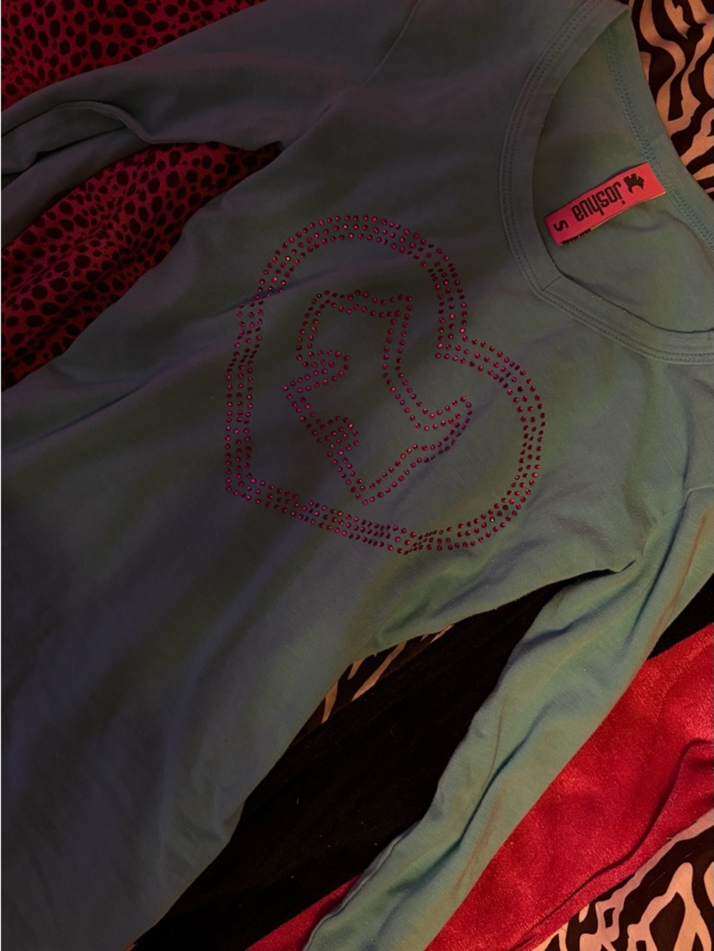 Joshua Perets Long Sleeve Teal Top with Pink Rhinestone Heart